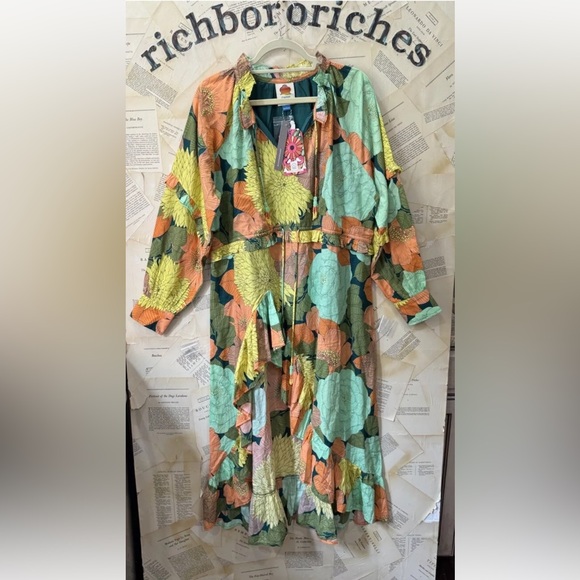 Anthropologie Farm Rio Long Sleeve Floral Midi Dress Hi Lo Green Motif - Picture 5 of 6